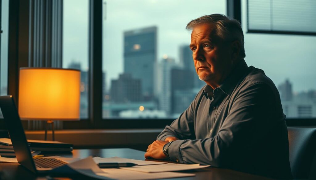 A dimly lit office setting, showcasing a middle-aged professional contemplating their career transition. In the foreground, a desk with scattered documents and a laptop, highlighting the challenges of navigating the job market in the 50s. Soft, warm lighting casts shadows, evoking a pensive mood. The background features a window overlooking a bustling city skyline, symbolizing the uncertainties and opportunities that lie ahead. Subtle visual cues, such as a furrowed brow or a contemplative gaze, convey the caution and consideration required for a successful mid-career shift. The overall composition suggests the importance of careful planning and a thoughtful approach to a 50s-era job change.