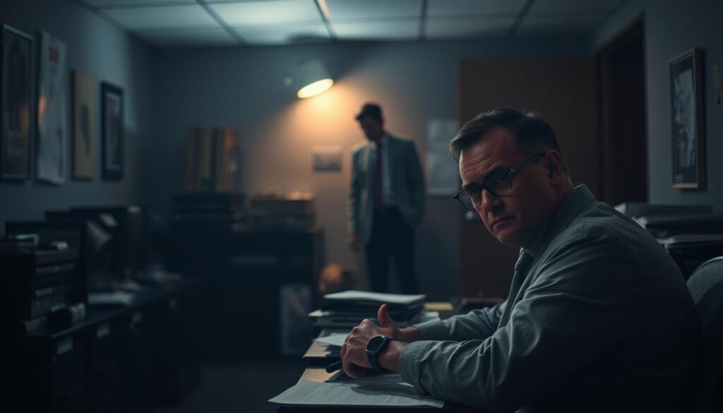 A dimly lit office setting, the atmosphere thick with tension and unease. In the foreground, a worried-looking professional sits at a desk, surrounded by files and documents. The middle ground reveals a shadowy figure in the corner, seemingly observing the proceedings. In the background, a sense of vulnerability and exposure, with a metaphorical spotlight highlighting the potential risks of the reference check process. The lighting is moody, with deep shadows and muted tones, conveying the gravity and discomfort of the situation. The angle is slightly angled, creating a sense of unease and a sense of being watched. The overall mood is one of apprehension and the potential consequences of having one's privacy compromised during a job search.