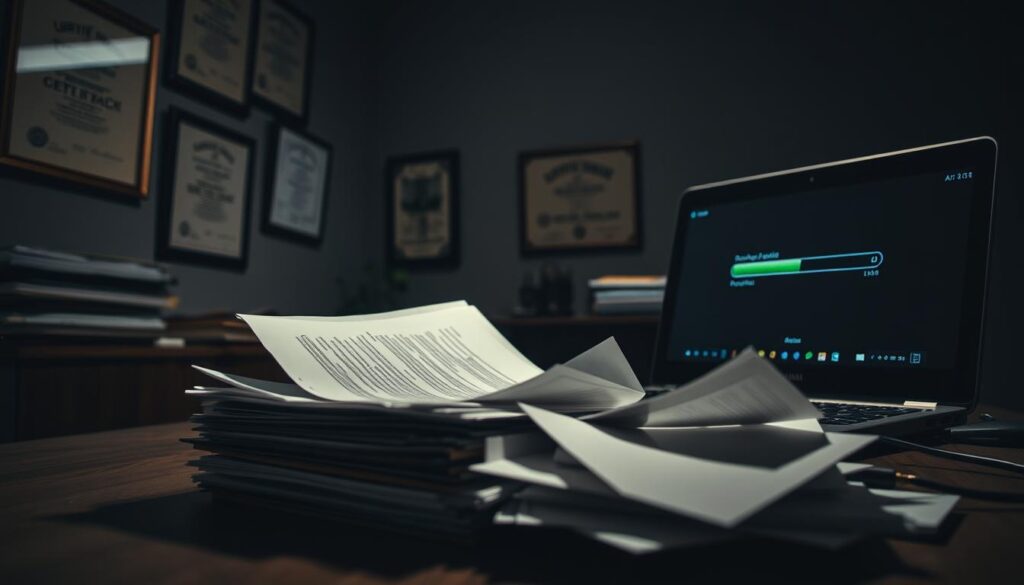 A dimly lit office setting, the walls adorned with certificates and framed diplomas, casting an air of professionalism. In the foreground, a stack of files and documents, their contents spilling out, conveying a sense of sensitive information being exposed. A laptop screen displays a progress bar, indicating the transmission of data. The lighting is harsh, creating deep shadows and a sense of unease. The overall atmosphere is one of vulnerability, as the subject's private details are at risk of being shared without their consent, jeopardizing their chances of a successful transition to a new job.