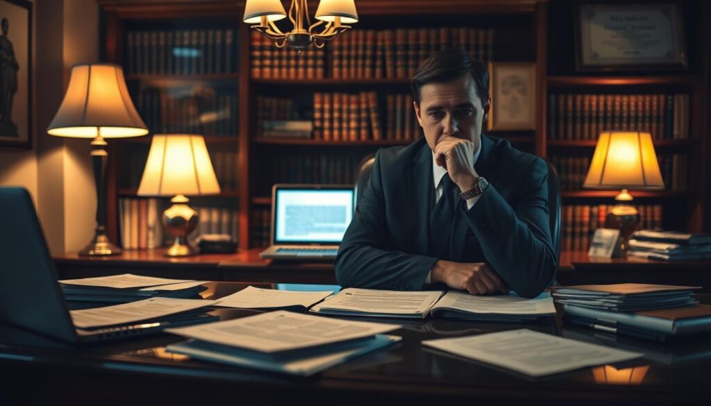 A dimly lit office setting, the warm glow of desk lamps casting a subtle ambiance. In the foreground, a thoughtful executive contemplates alternative approaches to the standard reference check process, papers and files spread across the mahogany desk. The middle ground reveals a laptop displaying confidential information, hinting at the need for privacy and discretion. In the background, a bookshelf filled with legal tomes and a framed diploma suggest an atmosphere of professionalism and expertise. The overall scene evokes a sense of deliberation, as the executive seeks to navigate the delicate balance between thorough vetting and protecting sensitive personal details.