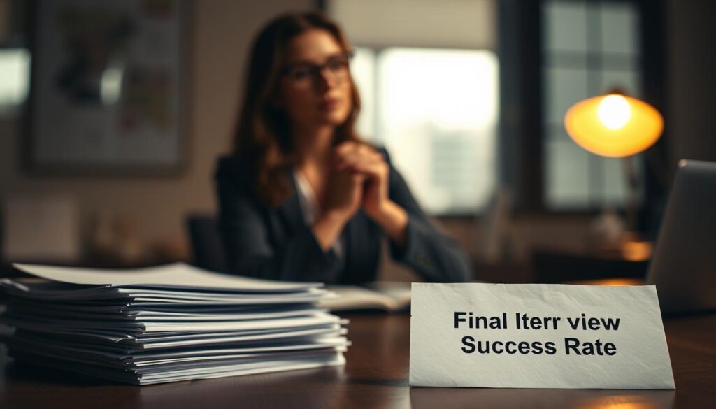 A dimly lit office setting, with a businesswoman sitting at a desk, hands folded in contemplation. In the foreground, a stack of résumés and a single sheet of paper with the title "Final Interview Success Rate" displayed. The background is blurred, suggesting the weight and significance of the decision at hand. Soft, warm lighting casts a pensive mood, as the woman ponders the stark contrast between the statistics and the reality of securing a new role. The composition emphasizes the tension between the data and the human experience of the job search process.