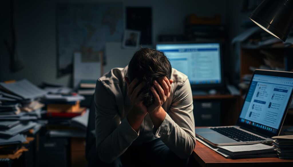 A dimly lit office setting with a cluttered desk, papers and books strewn about, a laptop displaying SPI test preparation materials. In the foreground, a person sits hunched over, head in hands, a look of frustration and defeat on their face. The lighting is harsh, casting deep shadows, creating a somber, overwhelming atmosphere. The background is blurred, emphasizing the individual's isolation and struggle. The scene conveys the challenges and stress of preparing for the SPI employment exam, the sense of being overwhelmed and uncertain of the outcome.