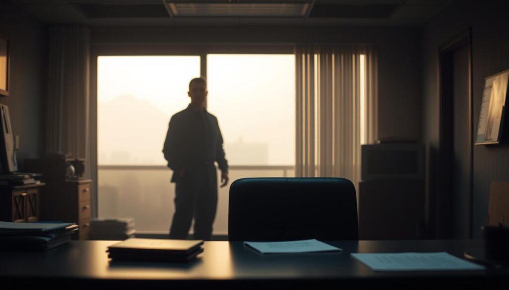 A dimly-lit office setting, with a desk and chair in the foreground, symbolizing the transition from civilian to military life. In the middle ground, a shadowy figure representing the self-defense forces, standing with a stern expression, conveying the weight of the decision. The background is hazy, suggesting the uncertainties and potential drawbacks of the career change. Muted colors and subtle lighting create a somber, contemplative atmosphere, reflecting the gravity of the decision to join the self-defense forces.