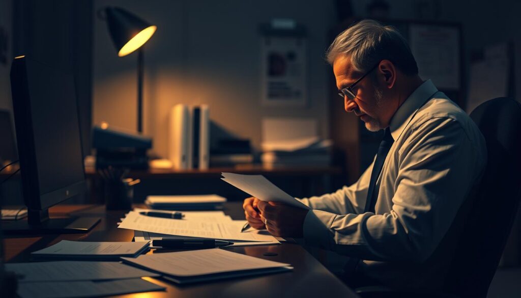 A dimly lit office setting with a desk, computer, and various paperwork depicting tax-related forms and documents. The focal point is a person in business attire sitting at the desk, meticulously filling out forms and reviewing documents. Soft, warm lighting illuminates the scene, creating a pensive, contemplative atmosphere. The background is blurred, hinting at the seriousness and importance of the task at hand. Detailed textures of the desk, papers, and office supplies add a sense of realism to the image.