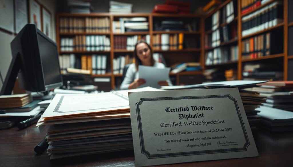 A dimly lit office setting, with a desk featuring various books, documents, and a desktop computer. In the foreground, a stack of diplomas and certificates related to social work and welfare qualifications, including a certification for 'Certified Welfare Specialist'. The middle ground showcases a person, likely a social worker or case manager, reviewing files and contemplating the path to obtaining these credentials. The background features shelves filled with reference materials, creating a sense of professionalism and expertise within the field of social services. The overall scene conveys the process and importance of acquiring the necessary qualifications to become a competent and qualified welfare professional.