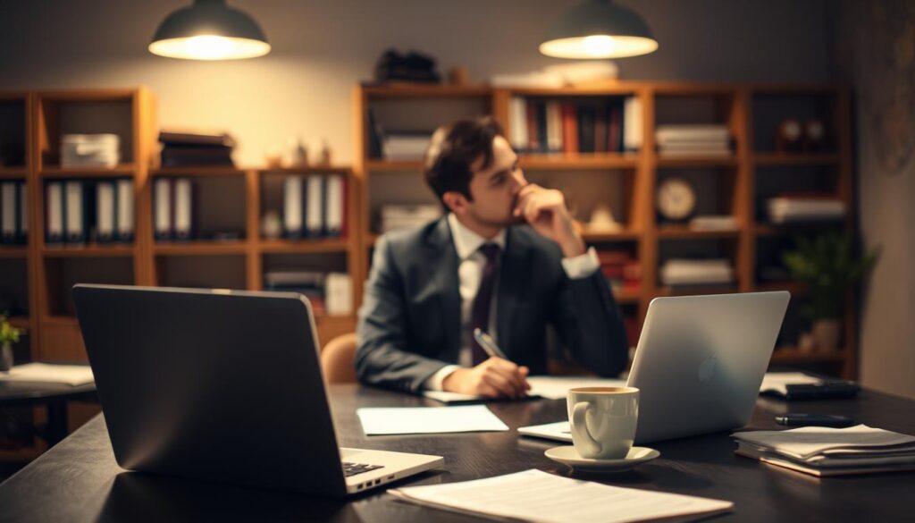 A dimly lit office setting, with a desk in the foreground featuring a laptop, papers, and a cup of coffee. In the middle ground, a person in a suit is sitting at the desk, deep in thought, as they contemplate their next career move. The background is slightly blurred, with shelves of books and office supplies, conveying a sense of professionalism and a workspace in transition. Soft, warm lighting casts a pensive mood, as the person navigates the complexities of a career change. The scene captures the introspective and thoughtful nature of a "転職事情" - the considerations and challenges faced by a professional in the midst of a career transition.