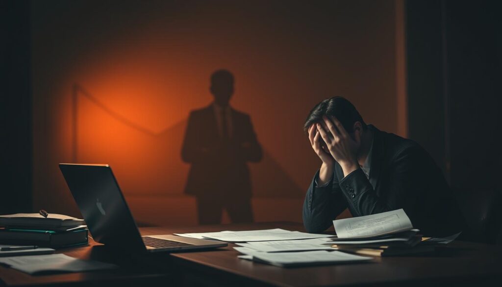 A dimly lit office setting, with a desk in the foreground featuring a laptop, scattered documents, and a frustrated-looking professional, their head in their hands. In the middle ground, a shadowy figure representing a salary chart or graph, showing a downward trend. The background is hazy and out of focus, conveying a sense of uncertainty and unease. The lighting is soft and moody, with warm tones in the foreground giving way to cooler hues in the background, creating a somber and introspective atmosphere. The overall scene evokes the challenges and difficulties faced by educators transitioning to new careers, as they grapple with the implications of a declining income.