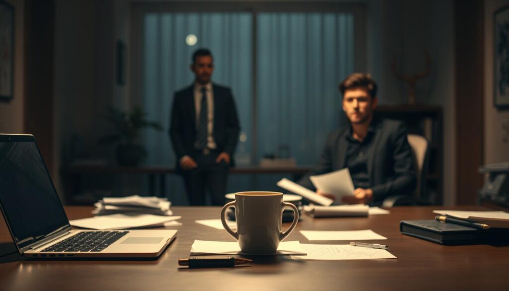 A dimly lit office setting, with a desk in the foreground featuring a laptop, scattered papers, and a mug of coffee. In the middle ground, two figures - one in a formal suit, representing a traditional scriptwriter, and another in casual attire, representing a game scenario writer. The background is blurred, hinting at the different creative processes and mindsets of these two professions. Soft, warm lighting creates a contemplative atmosphere, emphasizing the contrast between the formal and informal approaches to storytelling. The image conveys the nuanced differences in the work and skills required for these distinct creative roles.