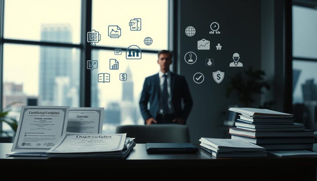 A dimly lit office setting, with a desk in the foreground featuring various professional certifications, diplomas, and skill-focused items like programming languages, management frameworks, and industry-specific credentials. In the middle ground, a person in business attire stands contemplatively, surrounded by floating icons representing in-demand skills like data analysis, project management, and communication. The background fades into a blurred cityscape, symbolizing the potential for career growth and transition beyond the public sector. The overall mood is one of thoughtful introspection and preparation for a new professional chapter.