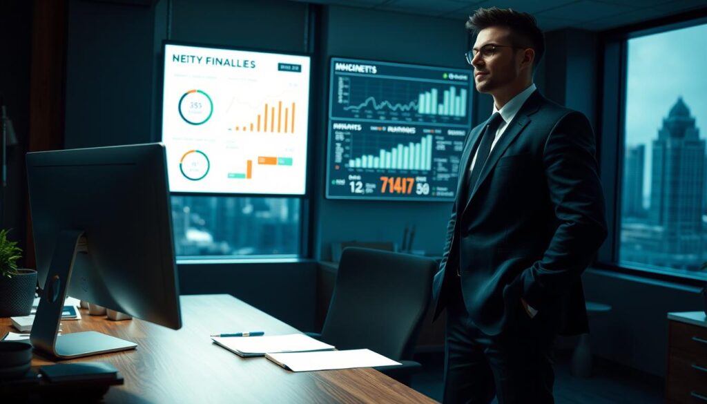 A dimly lit office setting, with a desktop computer and office supplies neatly arranged on a sturdy wooden desk. In the foreground, a business person, dressed in a tailored suit, stands confidently, their gaze directed towards a wall-mounted display showcasing key financial metrics and insights. Soft, directional lighting illuminates the scene, creating a sense of focus and determination. The background features a cityscape visible through large windows, hinting at the broader context and scope of the analyst's work. The overall atmosphere conveys a sense of expertise, strategic thinking, and the pursuit of success within the securities industry.