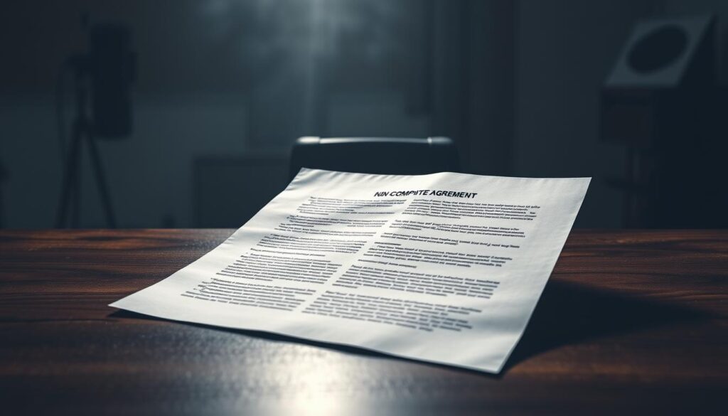 A dimly lit office setting, with a large wooden desk in the foreground. On the desk, an open legal document - a non-compete agreement or employment contract - casts an ominous shadow across the surface. The background is hazy, with a sense of unease and uncertainty. Soft, directional lighting illuminates the document, highlighting the legal language and fine print. The mood is somber and contemplative, reflecting the weighty implications and potential risks of such contractual agreements. The scene conveys the influence and impact of these restrictive covenants, hinting at the complex legal and career decisions faced by professionals in this situation.