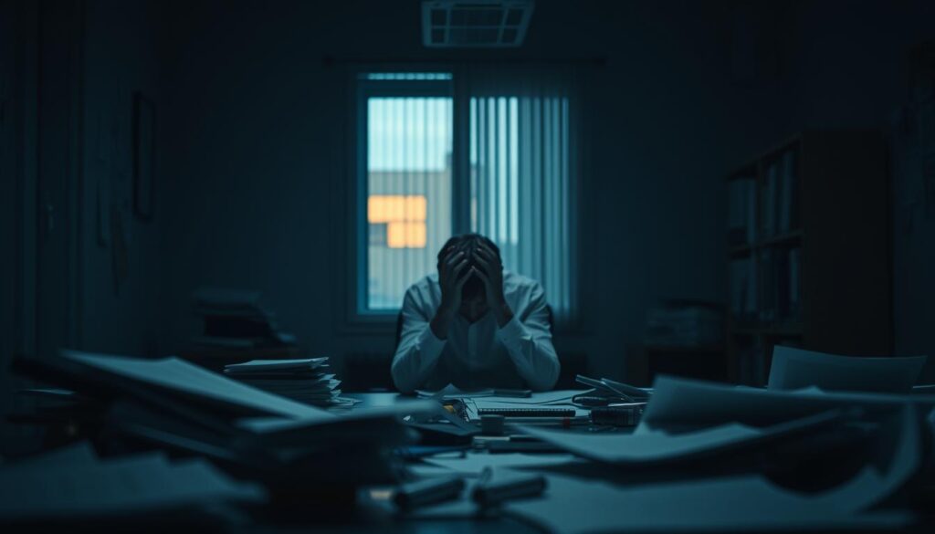 A dimly lit office setting, with a lone figure sitting at a desk, head in hands, expression troubled. The foreground features a cluttered workspace, papers and documents strewn about, reflecting the internal turmoil of the decision-making process. In the middle ground, a window casts a soft, warm glow, hinting at the outside world and the possibilities that lie beyond. The background is blurred, emphasizing the introspective nature of the scene. The lighting is moody, creating a pensive atmosphere, as the subject grapples with the weight of their career choices. The composition draws the viewer's eye inward, inviting them to empathize with the character's dilemma.