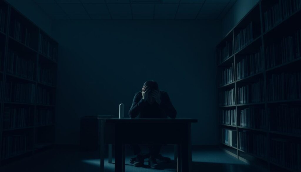 A dimly lit office setting, with a lone figure sitting at a desk, their head in their hands. The walls are lined with bookshelves, casting long shadows that create a sense of isolation and dejection. The figure's posture conveys a feeling of shame and self-doubt, as if they are grappling with the social stigma of a "回帰転職." The lighting is soft and moody, creating a somber, introspective atmosphere. The scene is captured from a low, slightly angled perspective, emphasizing the weight of the situation and the individual's emotional struggle. The overall composition evokes a sense of vulnerability and the societal pressures faced by those who have undertaken a "出戻り転職."