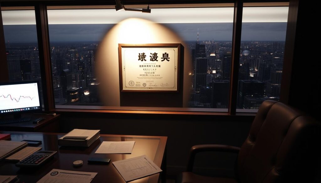 A dimly lit office setting, with a mahogany desk and a leather chair in the foreground. On the desk, various financial documents, a calculator, and a laptop displaying foreign exchange charts. In the middle ground, a wall-mounted certificate proudly showcasing the "為替ディーラー資格" (Foreign Exchange Dealer Certification), illuminated by a soft spotlight. The background features a panoramic view of a bustling city skyline, hinting at the global nature of the profession. The lighting is warm and subdued, creating an atmosphere of professionalism and expertise. The camera angle is slightly elevated, giving a sense of authority and accomplishment.