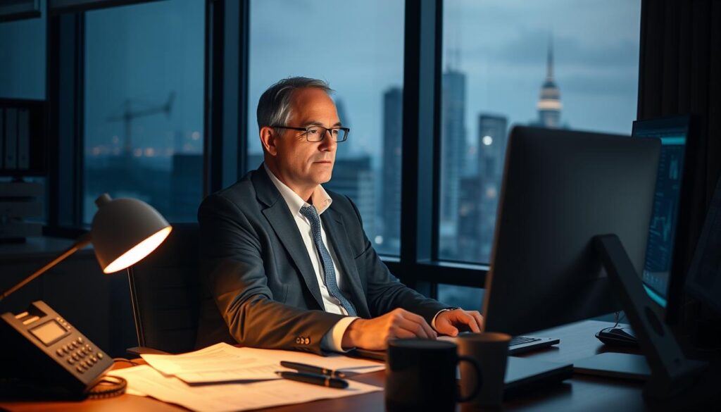 A dimly lit office setting, with a middle-aged man in a crisp suit sitting at a desk, intently focused on his computer screen. The desk is cluttered with financial documents, a telephone, and a coffee mug. The lighting is warm and inviting, casting a soft glow over the scene. In the background, a cityscape visible through the window, suggesting the fast-paced, high-stakes world of foreign exchange trading. The man's expression is one of concentration and determination, embodying the qualities of a successful foreign exchange dealer.