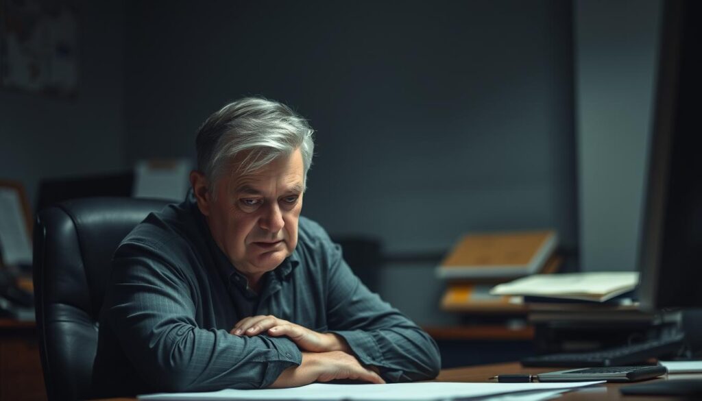 A dimly lit office setting, with a middle-aged professional sitting at a desk, looking dejected and overwhelmed. The lighting is somber, casting shadows across the subject's face, conveying a sense of uncertainty and trepidation. The background is blurred, with muted tones and a hint of clutter, emphasizing the focus on the central figure. The subject's posture is slumped, and their expression is one of resignation, reflecting the challenges and hesitations associated with mid-career job changes. The overall atmosphere evokes the apprehension and difficulties that can accompany the decision to seek a new career path in one's 50s.