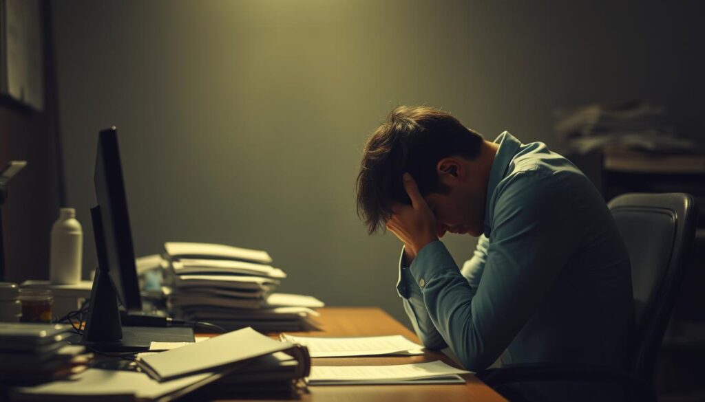 A dimly lit office setting, with a weary-looking individual sitting at a cluttered desk. The figure appears hunched, shoulders slumped, head in their hands, conveying a sense of resignation. The background is hazy, with muted tones and a sense of stagnation, emphasizing the person's disconnection from their surroundings. Soft, warm lighting casts shadows that accentuate the subject's dejected posture, creating a melancholic atmosphere. The overall scene suggests someone who has lost their passion for their work, struggling to find the motivation to continue on their current path.