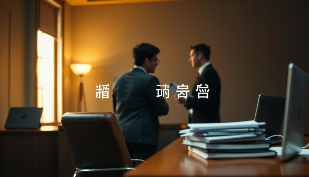 A dimly lit office setting, with a wooden desk and a comfortable chair in the foreground. On the desk, a laptop and a stack of documents, hinting at a professional work environment. In the middle ground, two individuals engaged in a thoughtful discussion, one leaning forward, the other listening intently, their body language suggesting the importance of the conversation. The background is softly blurred, creating a sense of focus on the central interaction. Warm, natural lighting filters in from a nearby window, casting a subtle glow and highlighting the seriousness of the moment. The overall atmosphere conveys the significance of the "逆質問の重要性" - the art of asking insightful questions during a job interview to demonstrate one's genuine interest and fit for the role.