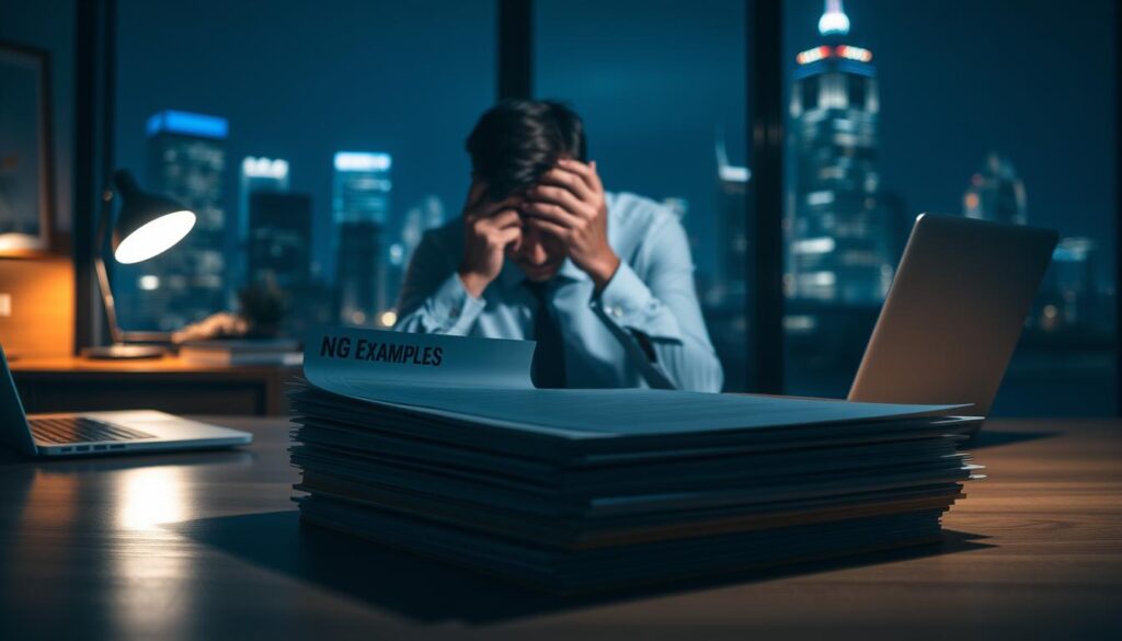 A dimly lit office setting, with a wooden desk and a laptop computer on it. In the foreground, a stack of documents labeled "NG Examples" and "Improvement Points" are visible, casting shadows on the desk surface. The middle ground features a frustrated-looking businessman, his head in his hands, contemplating his career choices. The background shows a window overlooking a city skyline, the lights of the buildings creating a moody, atmospheric ambiance. The scene conveys the challenges and introspection involved in crafting an effective job application, with the contrast between the "NG Examples" and the potential for "Improvement" serving as the central theme.