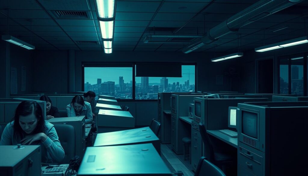 A dimly lit office setting, with cubicles and worn-out furniture. Fluorescent lighting casts a harsh, unflattering glow over the desks and computer screens. In the foreground, a handful of exhausted-looking employees hunched over their work, their expressions conveying a sense of resignation. The middle ground features outdated technology and a lack of modern amenities, suggesting limited resources and investment. In the background, a bleak, nondescript cityscape visible through the windows, emphasizing the sense of a low-income, overlooked industry. The overall atmosphere is one of drudgery, underpayment, and a lack of opportunity for growth or advancement.