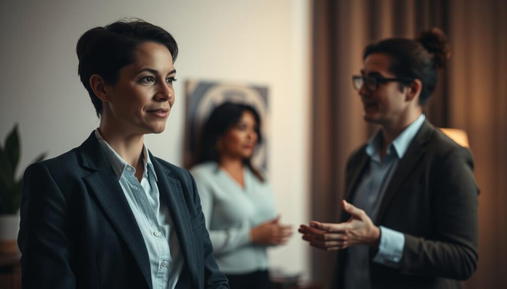 A dimly lit office setting, with two individuals engaged in a professional discussion. In the foreground, a social worker, dressed in a formal suit, listens intently, a compassionate expression on their face. In the middle ground, a care manager, clad in a more casual attire, gestures emphatically, illustrating the distinct roles and responsibilities of the two professions. The background is blurred, focusing the viewer's attention on the contrasting figures. Soft, warm lighting casts subtle shadows, creating a contemplative atmosphere, as if capturing a moment of collaboration and understanding between these two important members of the healthcare team.