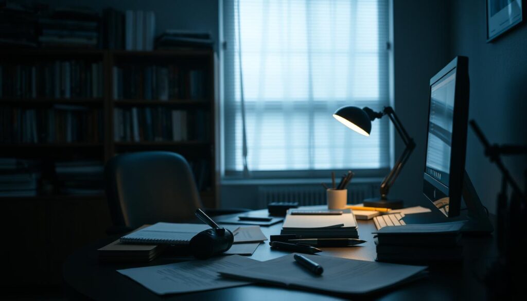 A dimly lit office space, a game writer's desk illuminated by the soft glow of a computer screen. On the desk, various writing implements, notes, and reference materials are neatly organized, hinting at the focus and dedication required for the craft. In the background, a bookshelf filled with game-related titles, a testament to the writer's deep knowledge and passion for the industry. The overall atmosphere conveys a sense of contemplation and professionalism, as the writer ponders the merits and necessity of formal qualifications for their role.