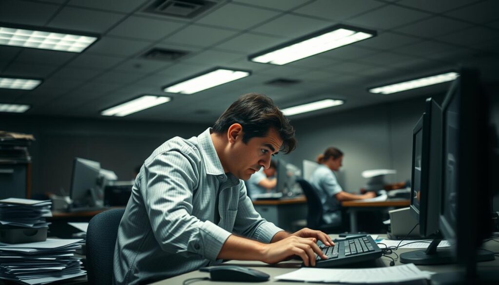 A dimly lit office space, fluorescent lights casting a harsh, administrative glow. Desks cluttered with stacks of paperwork, keyboards, and aging computer monitors. In the foreground, a university employee hunched over their desk, expression weary, fingers typing mechanically. Their shoulders slouched, a telltale sign of the long hours and demanding workload. The middle ground reveals other staff members, each absorbed in their own tasks, faces etched with fatigue. The background blurs into the institutional gray of the walls, a sense of confinement and lack of natural light permeating the scene. The overall atmosphere is one of monotony, bureaucracy, and the toll it takes on the well-being of those tasked with the day-to-day operations of a higher education institution.