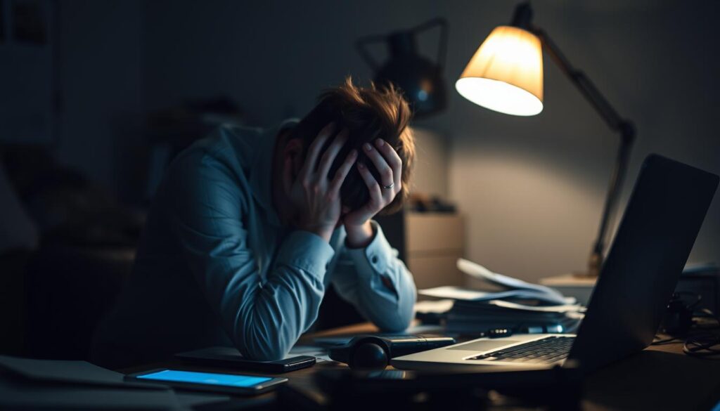 A dimly lit office space, illuminated by the soft glow of a desk lamp. In the foreground, a person sits slumped over their desk, hands covering their face, exuding a sense of weariness and resignation. The middle ground features various distractions – an open laptop, a cluttered workspace, and a smartphone constantly buzzing with notifications. The background is blurred, conveying a sense of isolation and detachment from the outside world. The overall mood is one of burnout, with the figure's posture and the clutter around them suggesting the avoidance of productive tasks and the inability to focus. A melancholic, introspective atmosphere pervades the scene, inviting the viewer to reflect on the reasons behind the individual's reluctance to engage with their work.