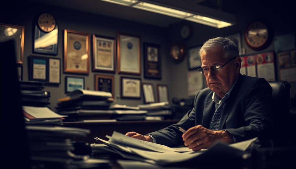 A dimly lit office space, the air thick with tension. In the foreground, a seasoned car dealer sits behind a cluttered desk, brow furrowed in concentration as they scrutinize financial documents. The lighting casts dramatic shadows, emphasizing the weight of their responsibilities and the high-stakes nature of their work. In the background, a wall of certificates and awards suggests a long history of success, but also the relentless pressure to maintain performance. The dealer's expression conveys a mixture of focus, determination, and the strain of navigating the complex, competitive world of automotive sales. An atmosphere of seriousness and discipline pervades the scene, capturing the "strictness" and challenges faced by those in this demanding profession.