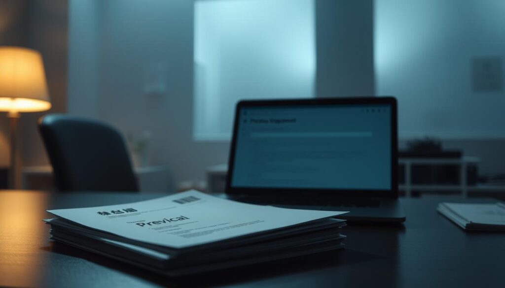 A dimly lit office space, the air thick with unease. In the foreground, a stack of medical documents, the words "傷病手当金" visible, casting a shadow on the desk. In the middle ground, a laptop screen displaying a job application, the cursor hovering over the "Previous Employment" section. The background is hazy, conveying a sense of uncertainty and vulnerability. The lighting is soft, creating a somber mood, as if the weight of the decision hangs heavy in the room. The scene evokes the tension and risk associated with disclosing sensitive medical information during a job transition.