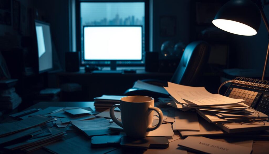 A dimly lit office space, the faint glow of a computer screen illuminating a frustrated individual's face. In the foreground, piles of scattered resumes and rejection letters convey the struggles of an unsuccessful job hunt. The middle ground features a cluttered desk, with a half-empty cup of coffee and an overflowing calendar, hinting at the overwhelming nature of the situation. In the background, a window offers a glimpse of a bustling city skyline, a reminder of the competitive job market outside. The overall atmosphere is one of disappointment and uncertainty, capturing the essence of the topic "Reasons for Unsuccessful Job Transitions".