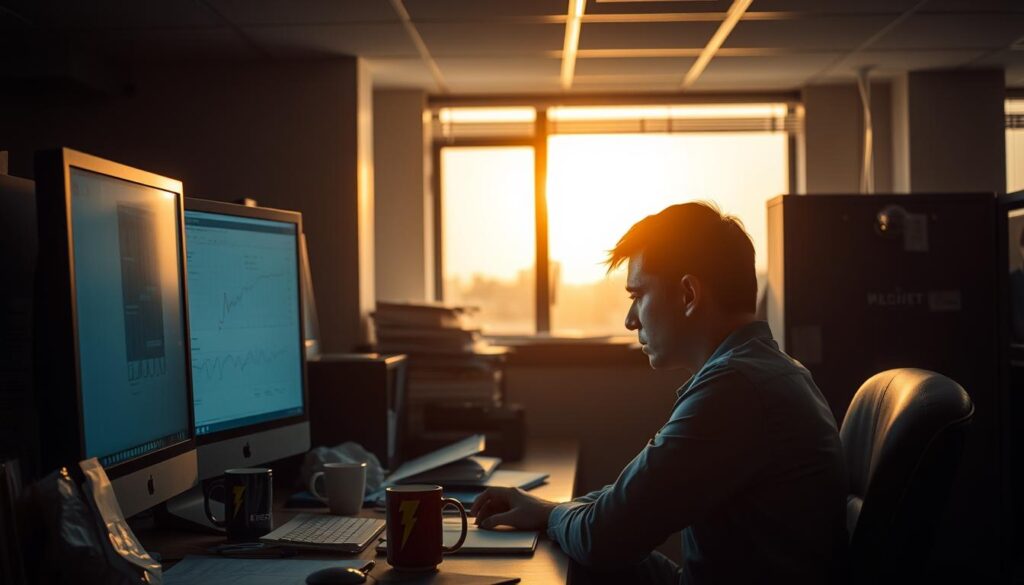 A dimly lit office space, the fluorescent lighting casting a dull, uninspiring glow. In the foreground, a weary employee sits at a cluttered desk, staring listlessly at the computer screen, shoulders slumped in resignation. The middle ground reveals a jumble of paperwork, coffee mugs, and a half-empty energy drink can, reflecting the overwhelming workload and lack of work-life balance. In the background, a window offers a glimpse of a vibrant, sun-drenched outdoor scene, a tantalizing reminder of the freedom and fulfillment that lies beyond the confines of the cubicle. The overall atmosphere is one of disenchantment, as the employee contemplates the reasons why they no longer feel the drive to work.