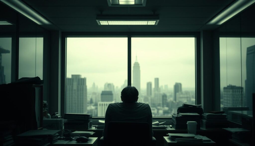 A dimly lit office space, the fluorescent lights casting a dull, lifeless glow. A figure sits hunched at a cluttered desk, eyes downcast, shoulders weighed down by the burden of unfulfilling work. The air is heavy with a sense of resignation and a longing for something more. In the background, the cityscape outside the window is a blurred, monochromatic tableau, a reminder of the disconnection between the individual and the world beyond the confines of the workspace. The scene evokes a psychological state of apathy, a desire to escape the monotony and find a sense of purpose and fulfillment.