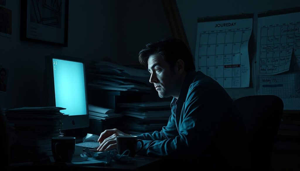 A dimly lit office space, the glow of a computer screen casting an eerie light on the weary face of a game writer. Stacks of crumpled papers and empty coffee mugs litter the cluttered desk, a testament to the long hours and relentless deadlines. In the background, a calendar with missed due dates and scribbled notes hints at the unforgiving realities of the industry. Shadows stretch across the walls, reflecting the writer's sense of isolation and the heavy burden of creative demands. The atmosphere is one of exhaustion, stress, and the bittersweet realization that the dream of being a game writer is not as glamorous as it may seem.