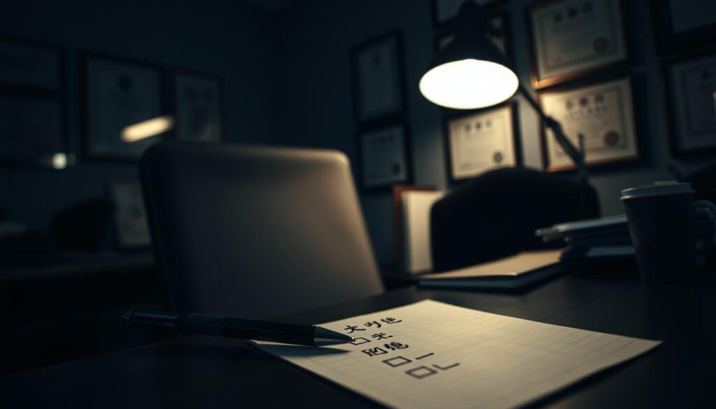 A dimly lit office space, the soft glow of a computer screen illuminating a thoughtful expression. On the desk, a pen hovers over a checklist of "転職すべきか迷った時の診断ポイント" - decision factors to weigh a potential career change. Framed certificates and diplomas line the walls, suggesting a seasoned professional seeking the next step. The scene conveys a sense of contemplation, with muted tones and a pensive atmosphere, inviting the viewer to consider the complexities of a career crossroads.