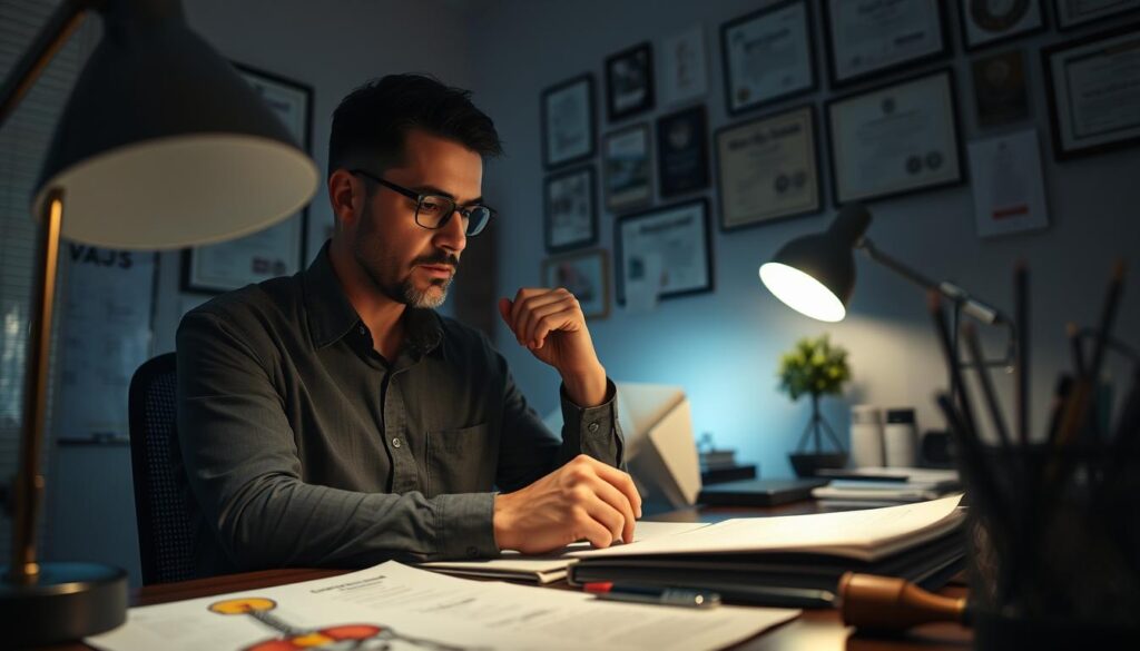 A dimly lit office space, the soft glow of a desk lamp illuminating the focused expression of a chiropractor as they pore over patient records. In the foreground, an anatomy diagram of the spine and musculature, tactile tools of the trade neatly arranged. The middle ground reveals a contemplative pose, the chiropractor's hand on their chin, brow furrowed as they consider the challenges of their profession - the physical toll, the need for continuous learning, the balance of holistic and evidence-based approaches. In the background, a wall adorned with certifications and accolades, a testament to their expertise and dedication. The atmosphere is one of thoughtful introspection, the chiropractor seeking innovative solutions to better serve their patients and the field of chiropractic.