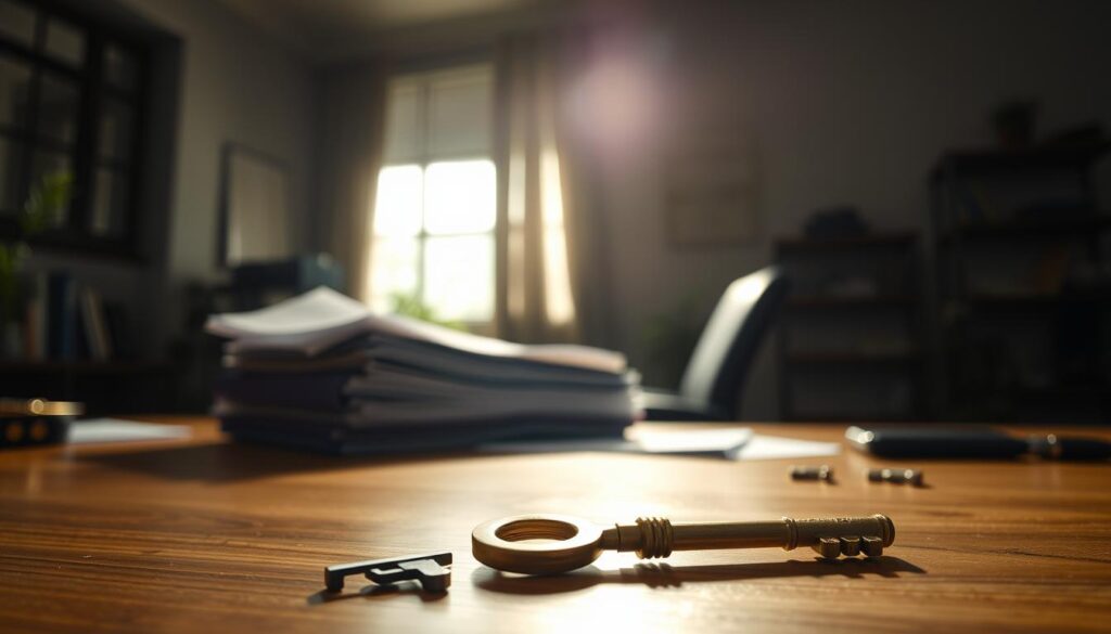 A dimly lit office space, the sun's warm glow filtering through the window, illuminating a wooden desk where a stack of documents rests. In the foreground, a brass key lies, symbolizing the key to unlocking career success. The scene has a sense of contemplation and opportunity, with a shallow depth of field that draws the viewer's attention to the central element. Muted tones of browns and grays create a sophisticated, professional atmosphere, while subtle hints of green in the background suggest growth and new beginnings. The overall composition conveys the idea of a crucial turning point, a moment of transition and the possibilities that lie ahead.