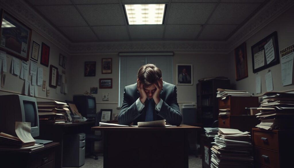 A dimly lit office space, the walls adorned with outdated decor and cluttered with files and papers. In the center, a frustrated individual sits at a desk, head in hands, surrounded by the trappings of a failed career transition - a mismatched suit, a broken computer, and a stack of rejection letters. The atmosphere is tense, with a sense of disillusionment and regret pervading the scene. Harsh, overhead lighting casts long shadows, accentuating the weight of the protagonist's burden. The composition emphasizes the isolation and disconnect the subject feels, as they grapple with the reality of their ill-conceived career change.