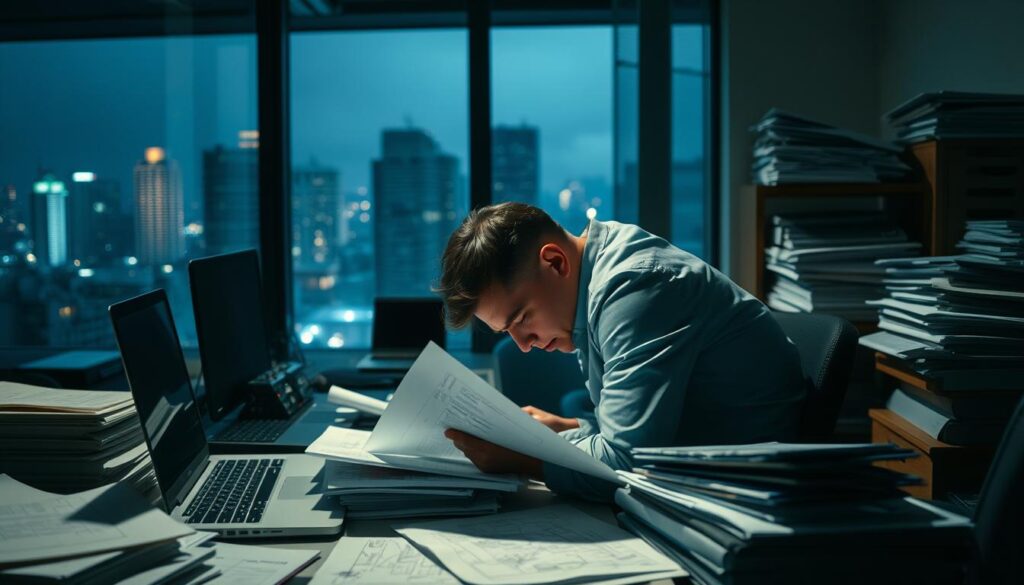 A dimly lit office space, with a construction consultant hunched over a desk, surrounded by blueprints, laptops, and stacks of paperwork. The lighting is harsh, casting long shadows across the cluttered room. In the background, a window offers a glimpse of the bustling city outside, a stark contrast to the cramped, stressful environment. The consultant's expression is one of fatigue, their shoulders slumped, as they work late into the night, the weight of their responsibilities evident in their posture. The scene conveys the long hours and heavy workload faced by construction consultants, the demanding nature of their profession, and the toll it takes on their well-being.