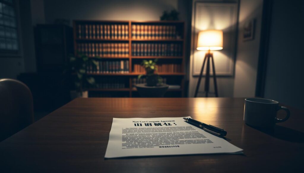 A dimly lit office space with a large wooden desk in the foreground. On the desk, a contract labeled "非競争義務" (Non-Compete Agreement) lies open, along with a pen and a cup of coffee. In the middle ground, a bookshelf filled with legal tomes and a potted plant casts soft shadows. The background is blurred, conveying a sense of privacy and confidentiality. The scene is illuminated by a single floor lamp, creating a warm, contemplative atmosphere. The overall mood suggests the weight and significance of the legal obligations surrounding trade secrets and competition restrictions.