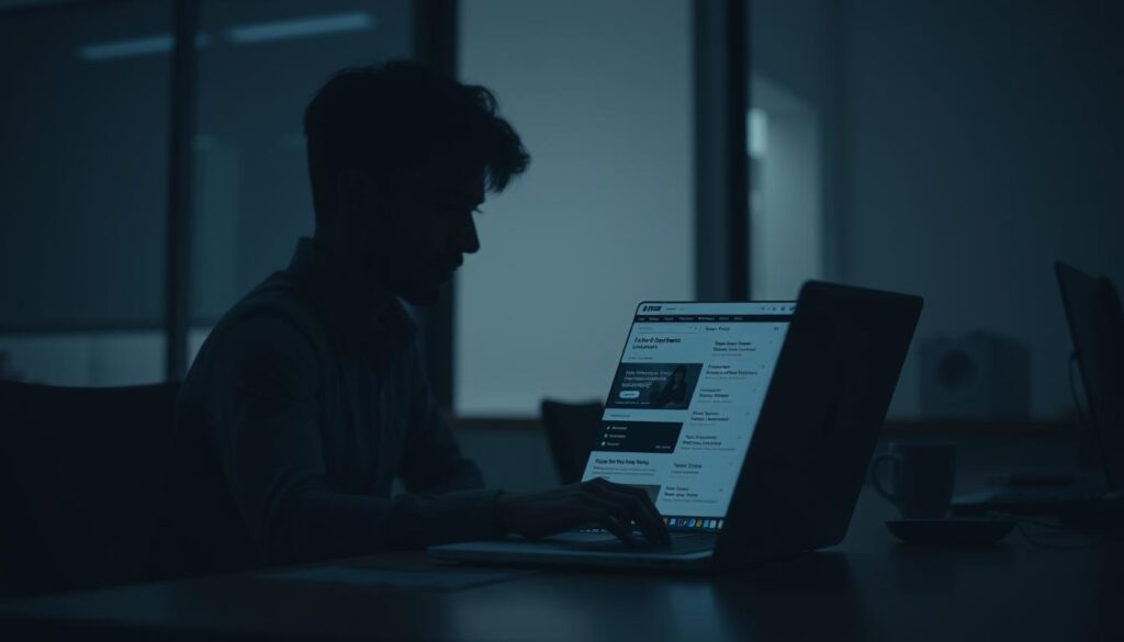 A dimly lit office space, with a pensive individual sitting at a desk, their face obscured in shadow. A laptop open, displaying various job listings and career options. Soft, diffused lighting illuminates the scene, creating a contemplative atmosphere. The background is blurred, subtly hinting at the complexities and uncertainties of the decision-making process. The composition emphasizes the solitary nature of the moment, inviting the viewer to empathize with the subject's internal struggle. A sense of introspection and contemplation permeates the image, capturing the essence of the section's title, "転職を迷う時の対処法".