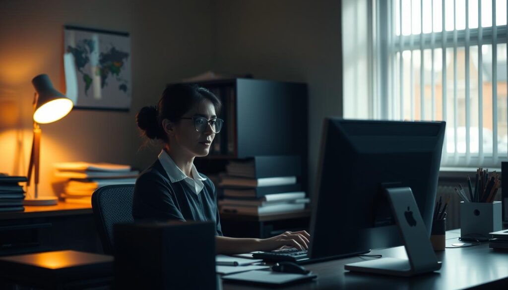 A dimly lit office space with a school administrative assistant diligently working at her desk. The scene is captured in a medium shot, highlighting the worker's focused expression as she types on a computer, surrounded by neatly organized files and stationery. Soft, warm lighting from a nearby lamp casts a gentle glow, creating a sense of calm and productivity. The background is slightly blurred, drawing the viewer's attention to the foreground and the administrative assistant's vital role in the smooth operation of the school. The overall atmosphere conveys the dedicated, behind-the-scenes nature of the school administrative staff's work.