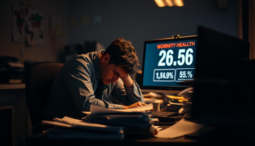 A dimly lit office space, with a stressed-looking office worker hunched over a desk, surrounded by piles of paperwork and a computer monitor displaying worrying health statistics. The worker's expression conveys a sense of unease and the toll of the workload on their mental and physical well-being. The background is slightly blurred, emphasizing the worker's isolation and the overwhelming nature of the work environment. Soft, warm lighting casts shadows across the scene, creating a somber, introspective atmosphere. The overall composition suggests the hidden health risks that can emerge in the transition to a new job, reflecting the article's focus on the challenges and potential pitfalls of post-employment adjustment.