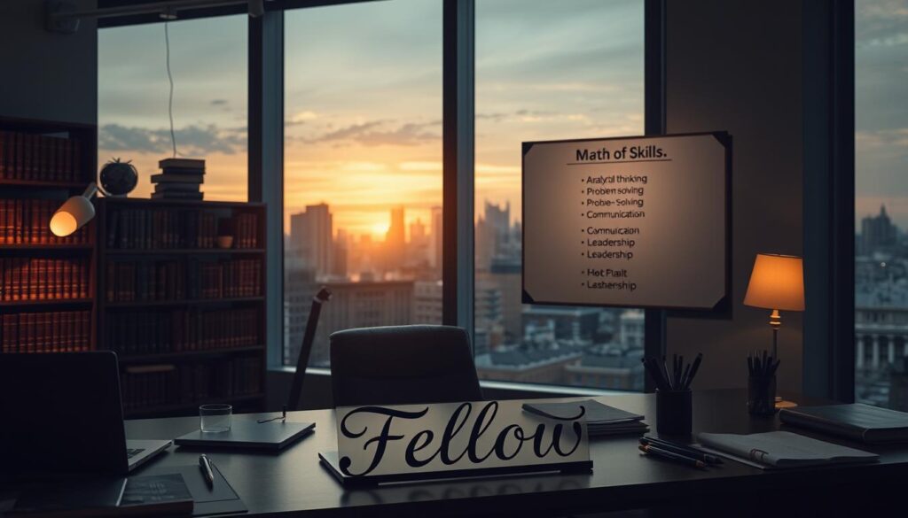 A dimly lit office space, with a warm and professional atmosphere. In the foreground, a desk with various office supplies, including a laptop, pens, and a notepad. On the desk, a nameplate reads "Fellow" in elegant calligraphy. In the middle ground, a bookshelf filled with leather-bound volumes, and a wall-mounted whiteboard displaying a list of skills, such as "Analytical Thinking", "Problem-Solving", "Communication", and "Leadership". The background features large windows overlooking a bustling city skyline, bathed in the soft glow of the setting sun. The lighting is a combination of natural light and subtle, ambient desk lamps, creating a sophisticated and contemplative mood.