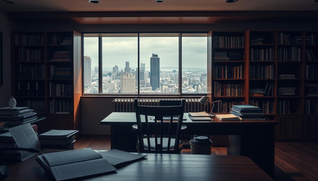 A dimly lit office space, with a wooden desk and chair in the foreground. On the desk, various documents, files, and a laptop are neatly arranged, suggesting an organized, introspective setting. The middle ground features a large, open bookshelf filled with career-focused books and resources, hinting at the process of self-reflection. In the background, a window looks out onto a city skyline, symbolizing the broader context of one's professional journey. The lighting is warm and contemplative, creating an atmosphere of thoughtful introspection. A sense of focus and clarity pervades the scene, inviting the viewer to engage in a personal career assessment.