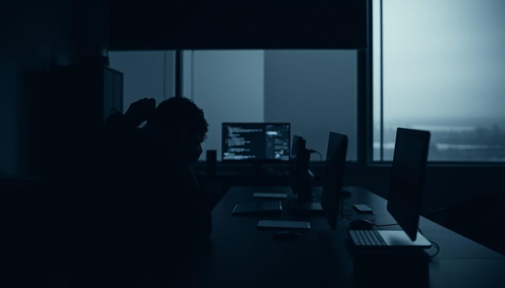 A dimly lit office, the air thick with regret and uncertainty. In the foreground, a figure sitting at a desk, head in hands, shoulders slumped with the weight of a decision gone wrong. Faint shadows creeping in from the corners, a sense of isolation and disillusionment. In the middle ground, a computer screen reflecting the glow of unfinished work, a symbol of the unfulfilled dreams that led to this moment. The background fades into a hazy, monochrome landscape, a metaphor for the bleak future that now looms. The scene is bathed in a somber, moody lighting, emphasizing the melancholy and introspection of the moment. The overall atmosphere conveys the painful realization of a hasty, ill-advised career change.
