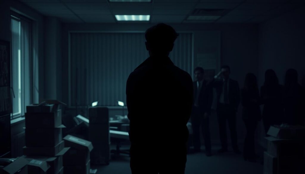 A dimly lit office, the atmosphere heavy with unease. In the foreground, a person stands, shoulders slumped, face obscured in shadow, as they contemplate the consequences of their decision to resign. The mid-ground is cluttered with half-packed boxes, a testament to the haste and uncertainty of their departure. In the background, the faint outlines of former colleagues, their expressions a mix of confusion and resentment, loom like spectral figures, casting a pall over the scene. The lighting is somber, casting deep shadows that heighten the sense of discomfort and regret. The overall mood is one of trepidation, as the subject grapples with the potential fallout of their premature exit.
