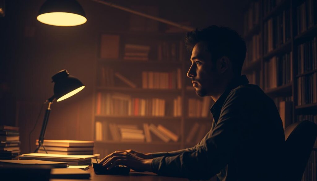 A dimly lit office, the atmosphere pensive and introspective. In the foreground, a game writer sits at a desk, lost in thought, their fingers poised over a keyboard. Soft, warm lighting illuminates their face, revealing a contemplative expression. In the middle ground, bookcases line the walls, filled with tomes on game design, storytelling, and creative writing. The background is shrouded in a hazy, dreamlike quality, hinting at the imaginative world the game writer inhabits. The scene conveys a sense of focus, dedication, and the ability to craft captivating narratives, qualities that define the ideal game writer.