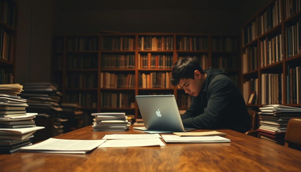 A dimly lit office, with a large wooden desk in the foreground. A writer, hunched over a laptop, their face obscured in shadow, deep in concentration. Stacks of paper and reference materials surround them, creating a sense of the meticulous work involved in crafting a compelling screenplay. In the middle ground, bookshelves line the walls, filled with volumes on screenwriting, film history, and character development. The background is softly blurred, suggesting the writer's focused attention on the task at hand. Warm, golden lighting casts a subtle glow, evoking the creative energy and intellectual rigor of the screenwriter's craft.