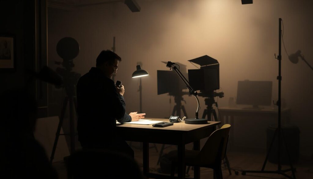 A dimly lit photo studio, with a lone photographer administering a series of aptitude tests to a prospective film developer. The developer sits at a desk, face illuminated by the soft glow of a desk lamp, deep in concentration as they navigate a series of practical and cognitive evaluations. The background is hazy, with the faint outlines of camera equipment and developing trays, conveying the technical nature of the profession. The mood is pensive, reflecting the gravity of the assessment, as the developer's suitability for this specialized role is carefully considered.